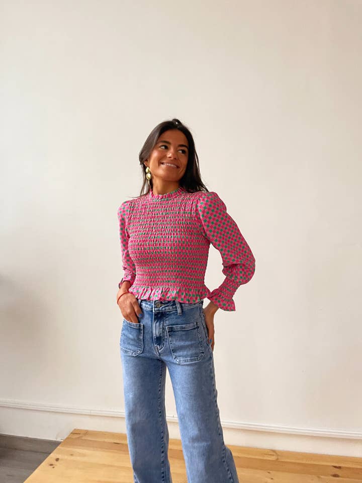 MindTraveler - Vendita all'ingrosso Camicetta - Donna - Blusa fucsia Chia con motivo a nido d’ape