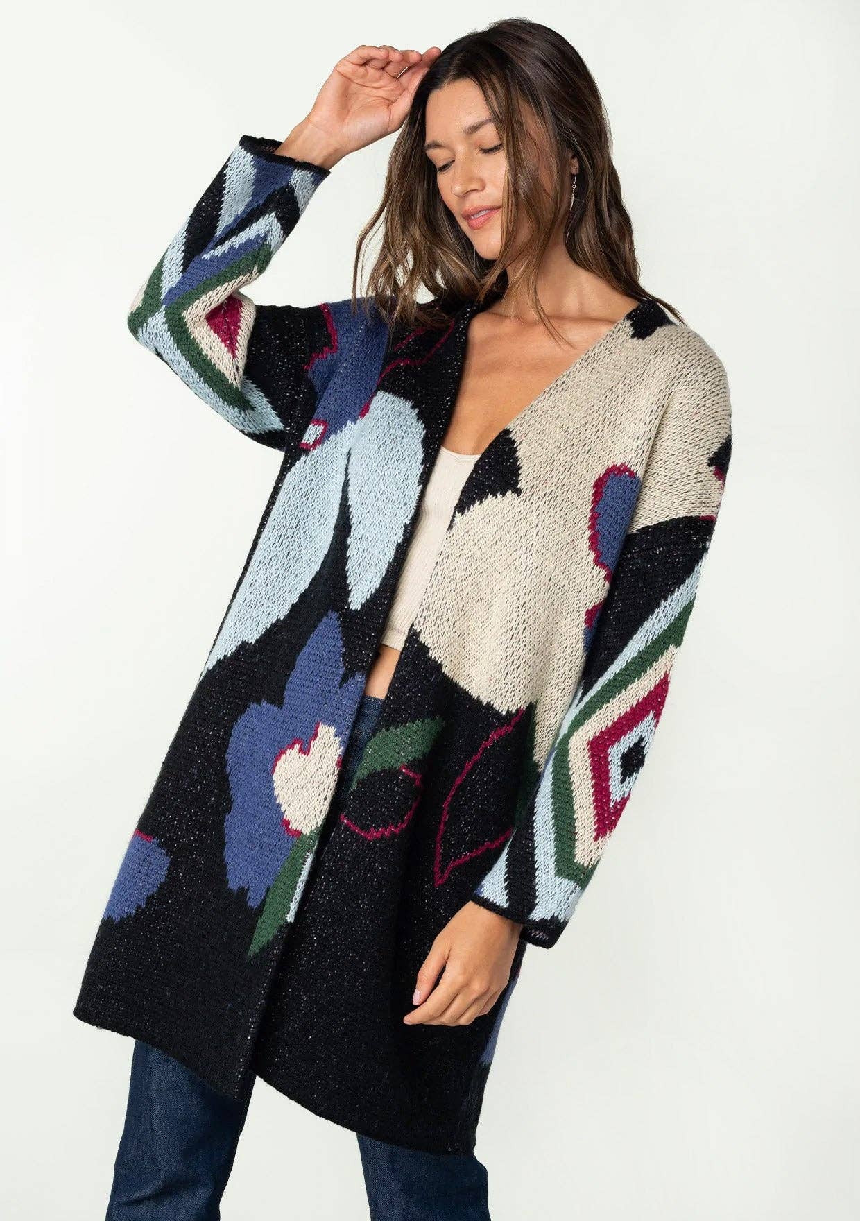 Marine/Multi Cardigan à devant ouvert en jacquard floral géant en vente sur Faire3