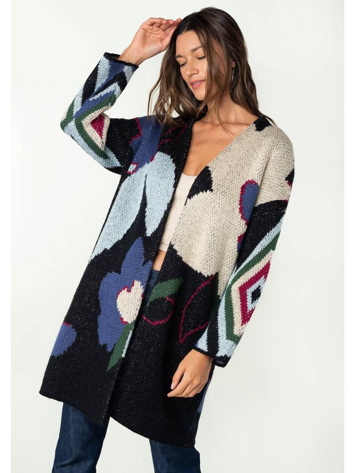 Marine/Multi Cardigan à devant ouvert en jacquard floral géant en vente sur Faire3