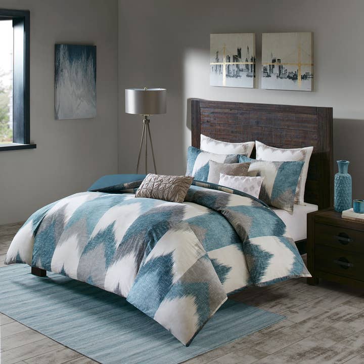 Ikat Chevron 3-Piece Comforter or Duvet Cover Set, Aqua Blue for wholesale by Olliix