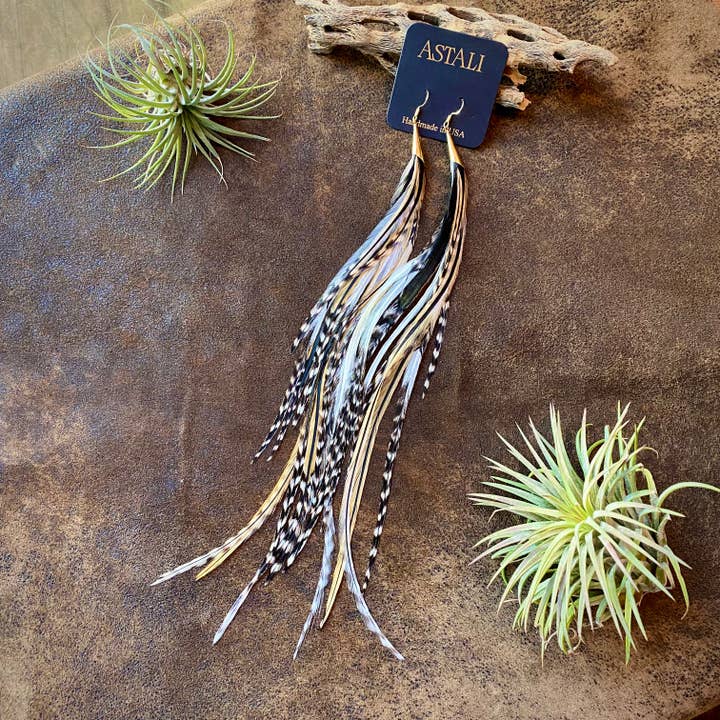 ASTALI – Engroshandel Tassel-øreringe – Lange Fjer & Kegle Øreringe - Gylden Sort, Hvid & Grizzly4