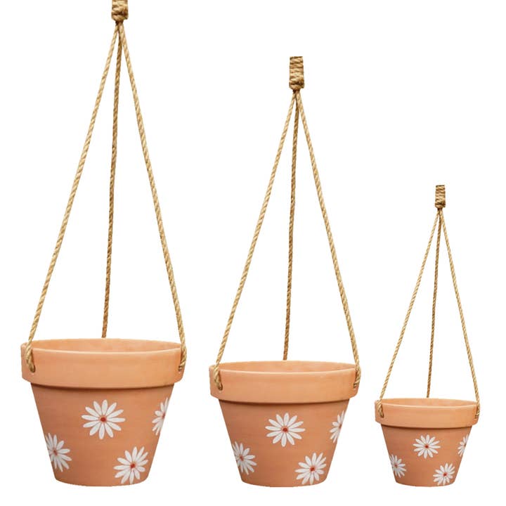 Upsy Daisy Hanging Pot - 3Pc Set - Painted Terra Cotta for wholesale by Ceramo Pottery