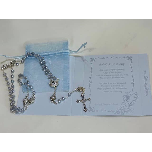 Blue Baby Keepsake Rosary W/ Silver Shells for wholesale by Simply Charming