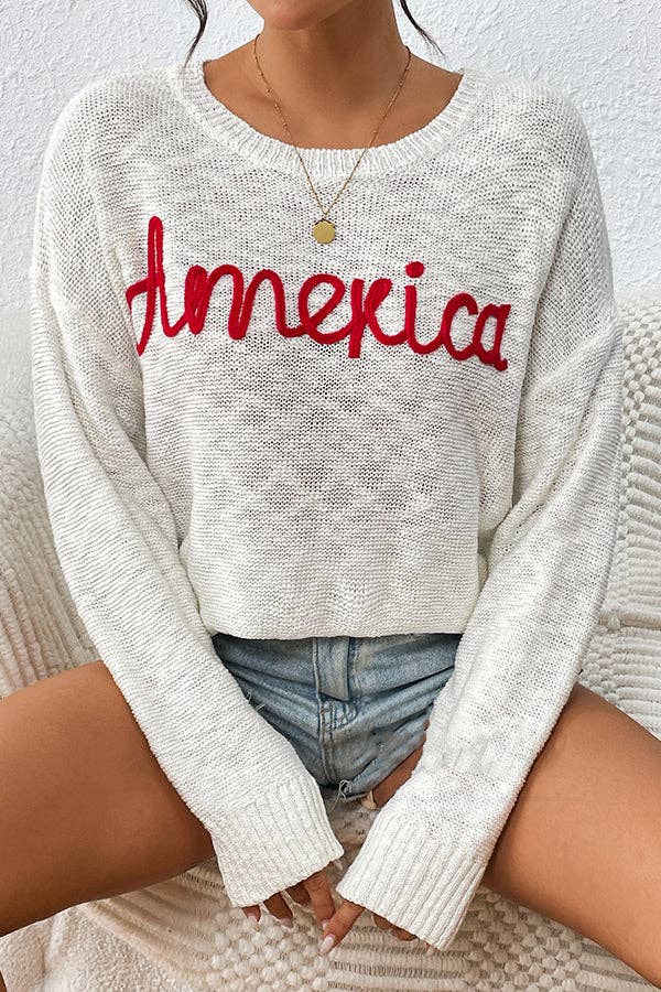 ESLEY - Wholesale Knit Sweater - Women's - W2408MY54489 - America Embroidered Crew Neck Sweaters2