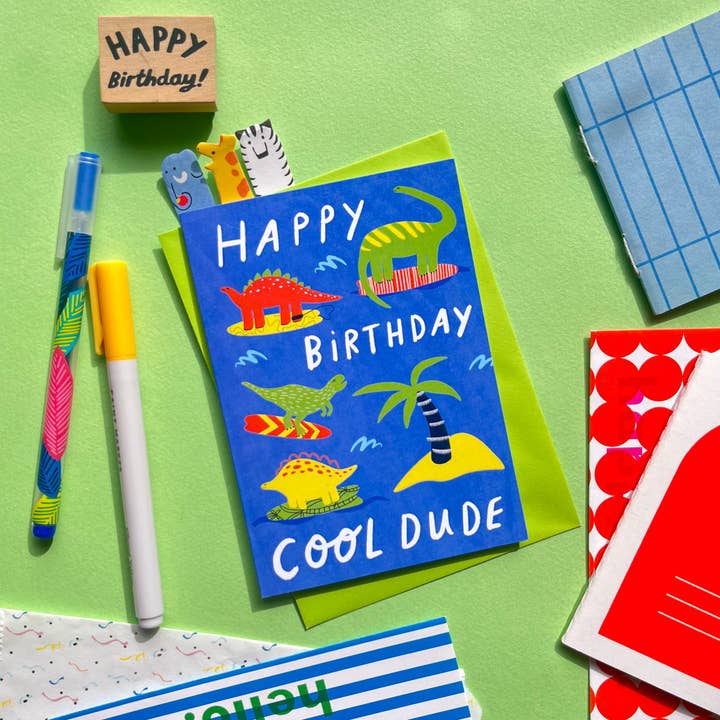 Happy Birthday Cool Dude Dinosaur Greeting Card | Boys Birthday Son Cousin Nephew Grandson Celebrate for wholesale by Kerrie Illustrates
