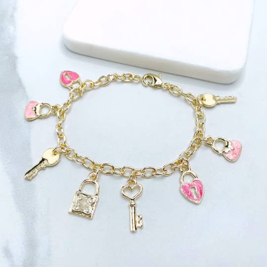 Luxus Accessories – Engroshandel Armbånd med vedhæng – 18 k guld fyldt Pink Charms Oval Link armbånd