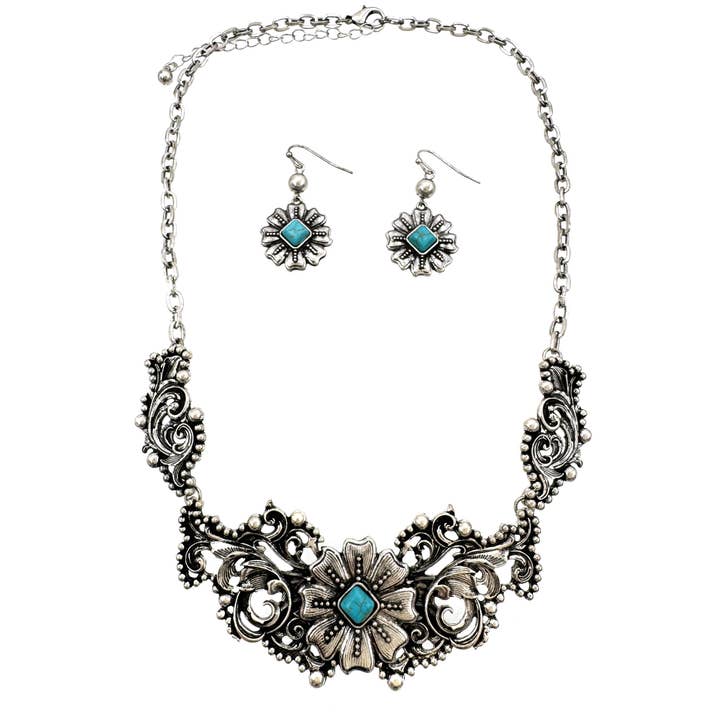 Lunar Deer – wholesale Pendant/charm necklace – Western Flower Turquoise Filigree Necklace Earrings Set