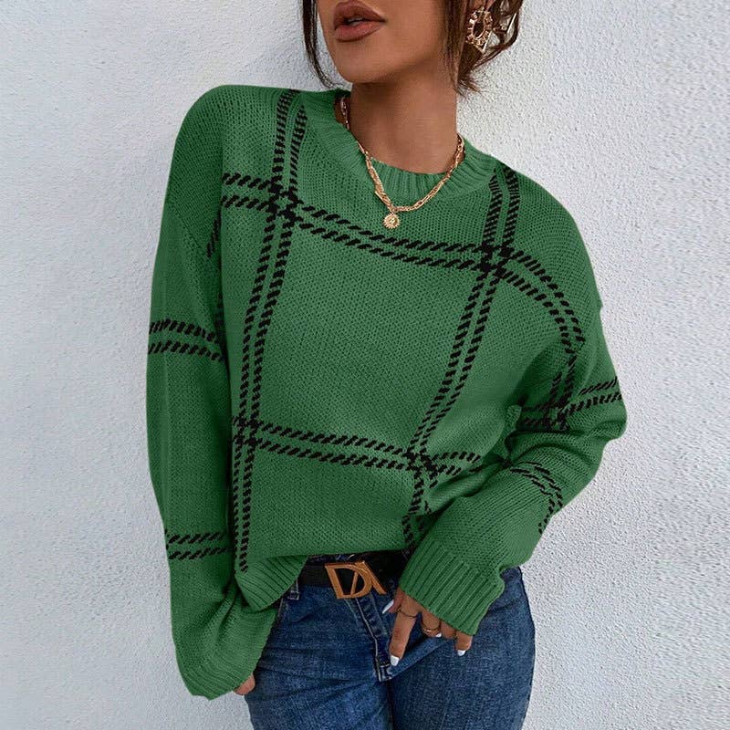 Anna Kaci Wholesale – wholesale Knitted jumper – Women′s – Plaid Pattern Crew Neck Long Sleeve Knit Sweater7