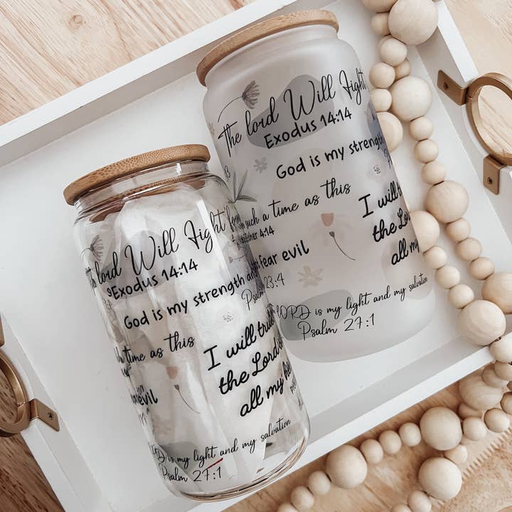 Emma K Designs - Wholesale Drinking Glass/Cup - Christian Affirmation 16oz Glass Cup with Bamboo Lid6