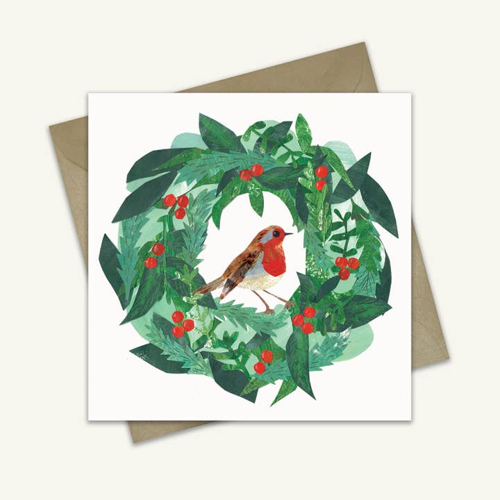 Robin in a Wreath Blank Christmas Card for wholesale by Kate Read Illustration