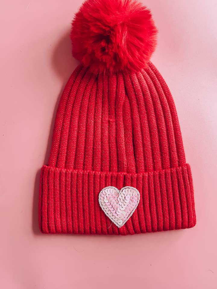Red/Pink Sequin Heart Beanie for wholesale by Locale