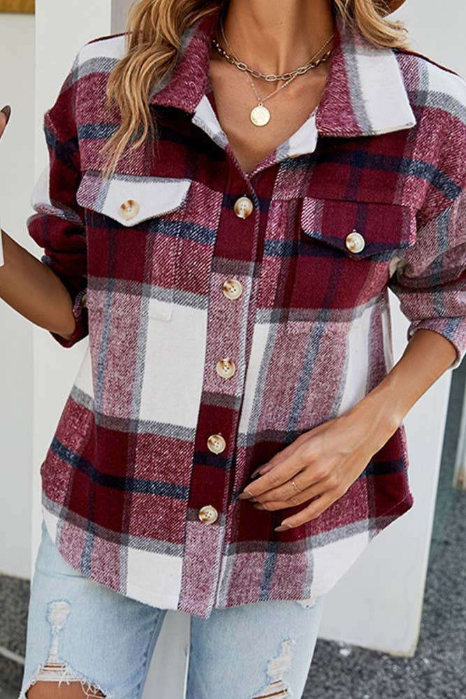 Comely Fashion – wholesale Shirt Jacket/Shacket - Women’s – Flannel Pockets Button Up Plaid Shacket CF-QXX0230