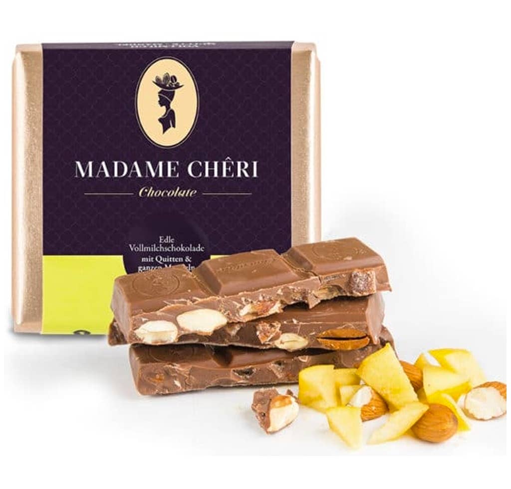 Kaffee und Schokolade GmbH - Vente Barre chocolatée - Chocolat au lait entier coing et amandes entières 90 g1