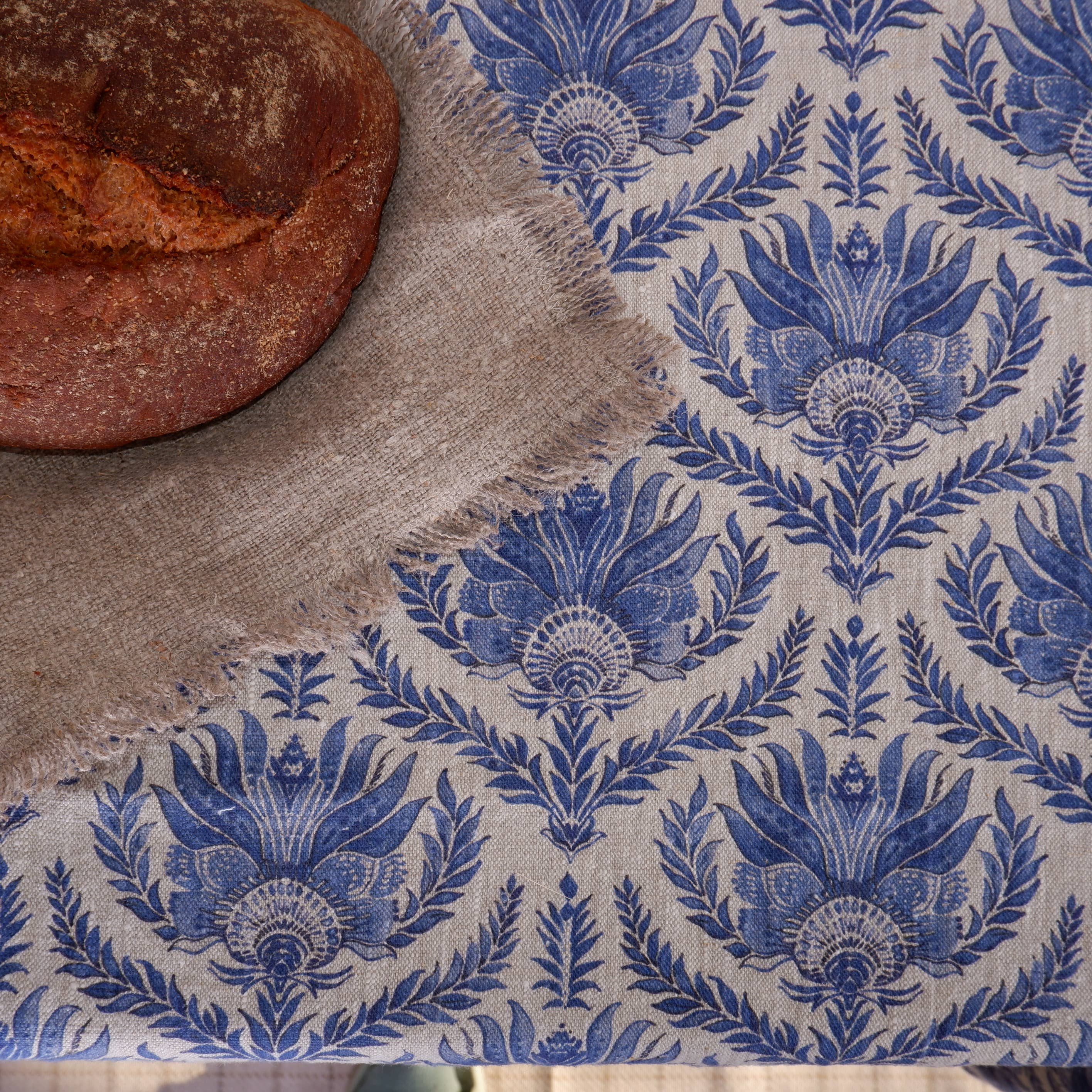 NorraVilla – wholesale Tablecloth – Linen Tablecloth in French block print on oatmeal linen4