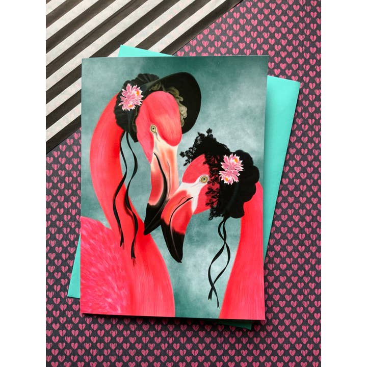 Veuves, mauvaises herbes. Carte de vœux gothique en forme de flamant rose pour la vente par Crimson Finch