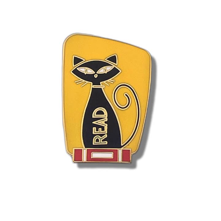 Yellow Cat Read Pin for wholesale by The Librarian’s Candle Co