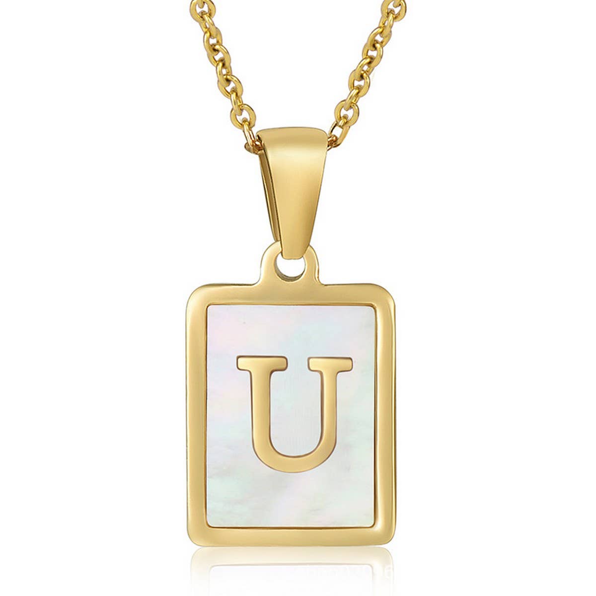 NINEXIS - Wholesale Pendant/Charm Necklace - CWAJE1917_Square Stainless Steel White Shell Letter Necklace21