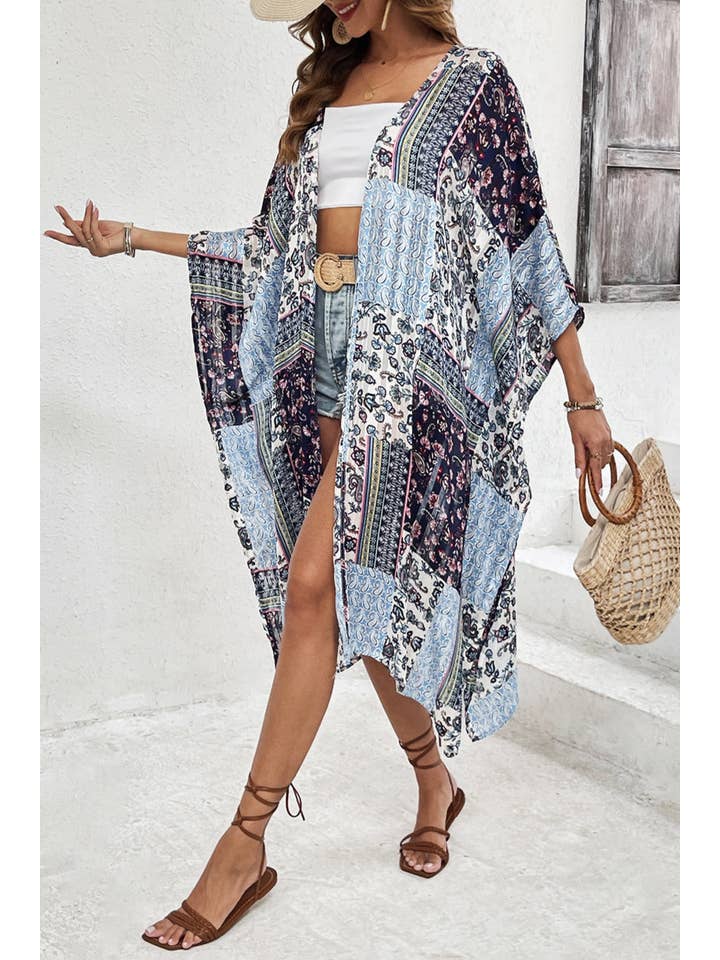 Blue Boho Floral Open Front Summer Kimono for wholesale on Faire