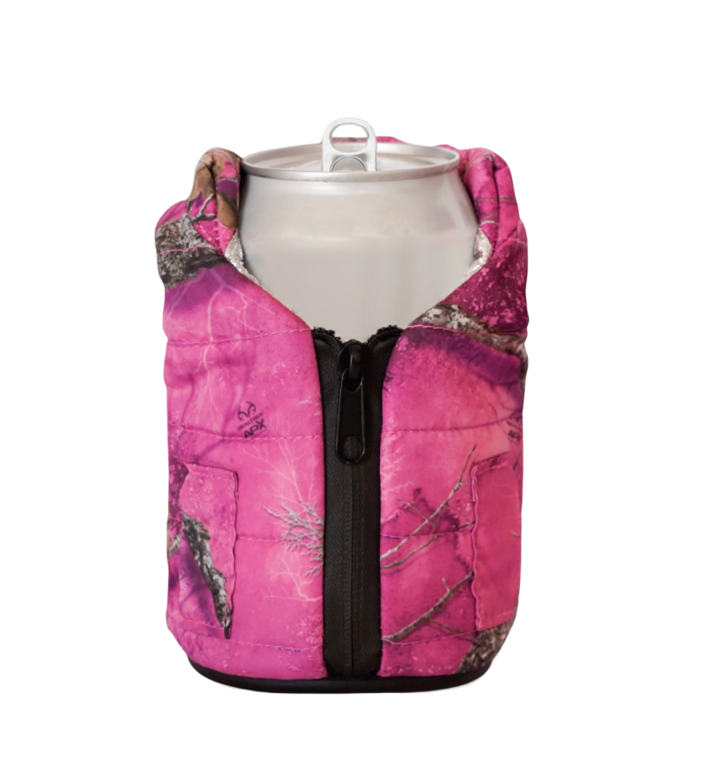 Puffin Drinkwear - Wholesale Drink Huggers & Koozies - Can Cooler - RealTree APX Collab - The Puffy Vest -Pink Camo0