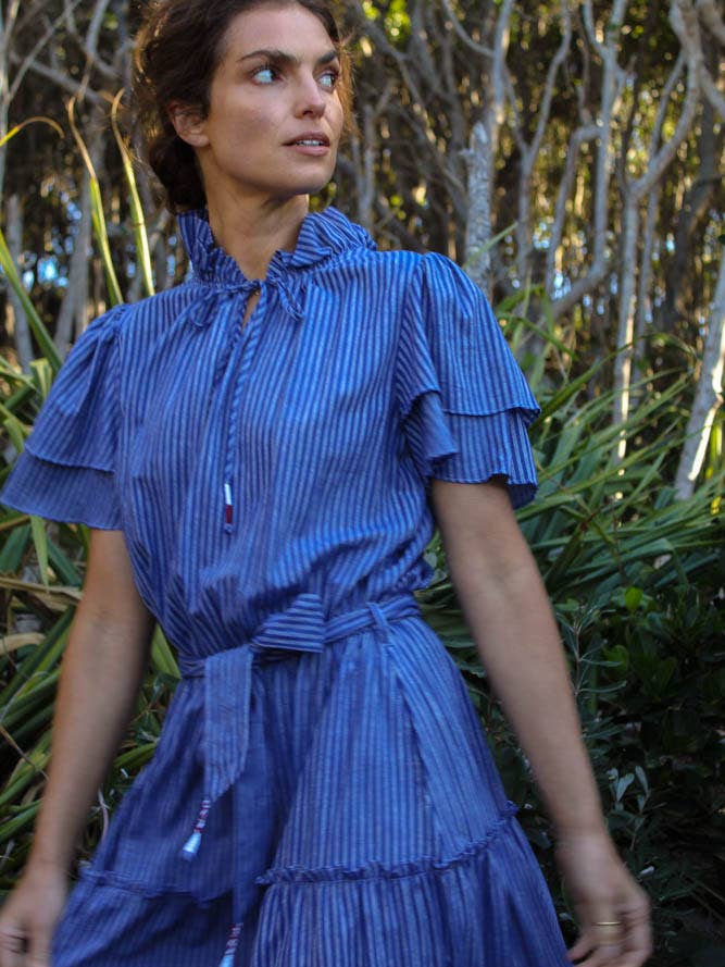 Kopal – wholesale Dress – Women's – Ranika Dress - Indigo Stripe Hand Spun Khadi