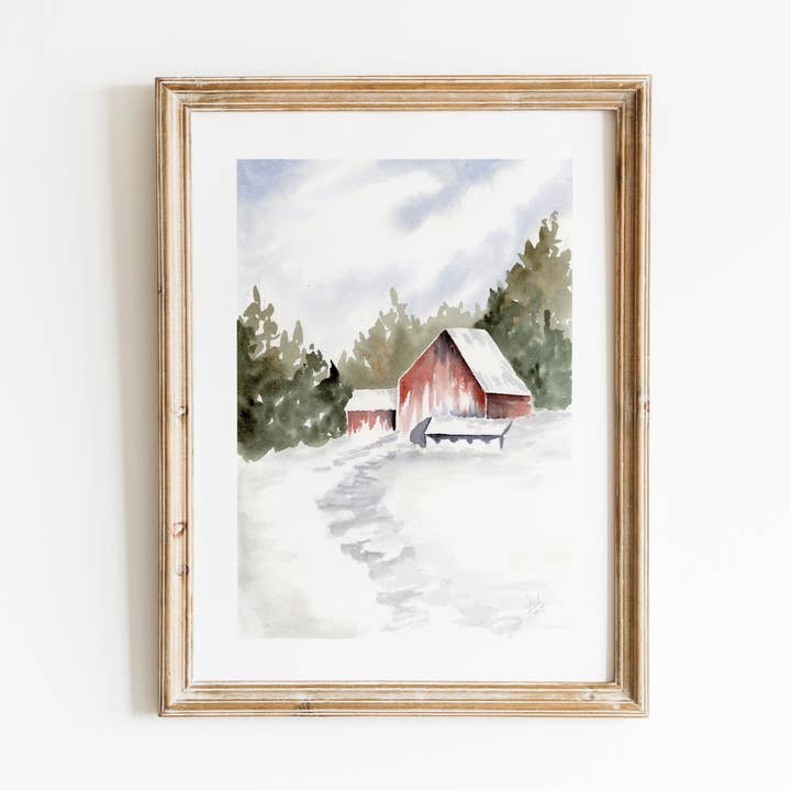 Red Barn Winter Landscape Watercolor Print for wholesale by Sarah Jane Studio Art
