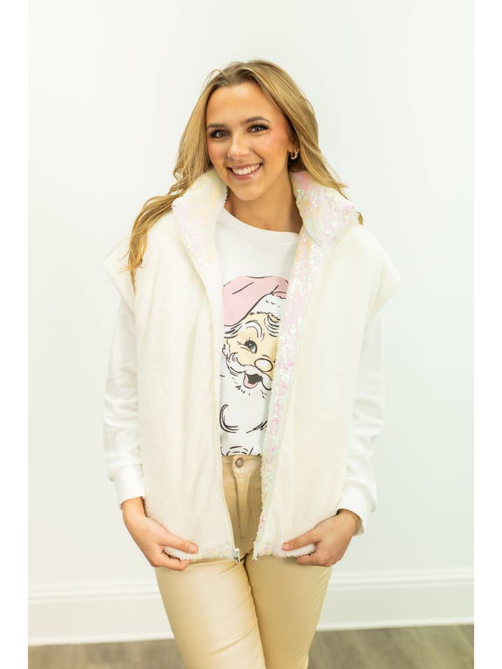 Sequin Puffer Vest, White for wholesale on Faire7