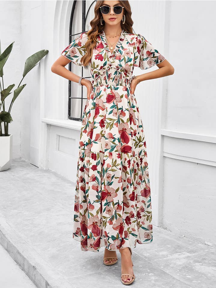 YNIQUE – Großhandel Kleid – Damen – Damen-Midikleider mit Rüschen und gestaffelten Ärmeln und V-Ausschnitt