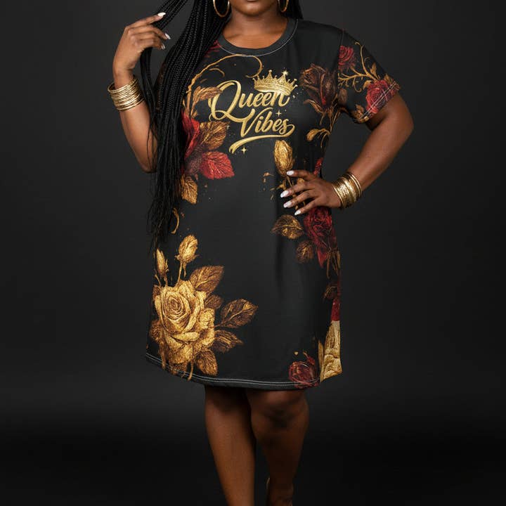 Queen Vibes Floral Dress - Elegant T-Shirt Dress with Gold and Burgundy Roses for wholesale by IAKAM