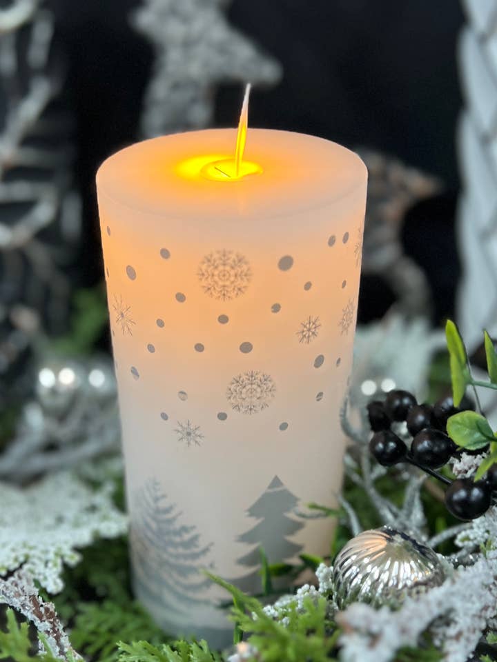 Silver Christmas Tree Moving Flame LED Candle 3x6in for wholesale by Wholesale Home Decor