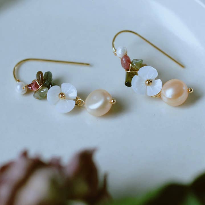 Haengseongworkshop - Wholesale Dangle Earrings - 18K Gold Plated Mother of Pearls Tourmaline Dangle Earrings