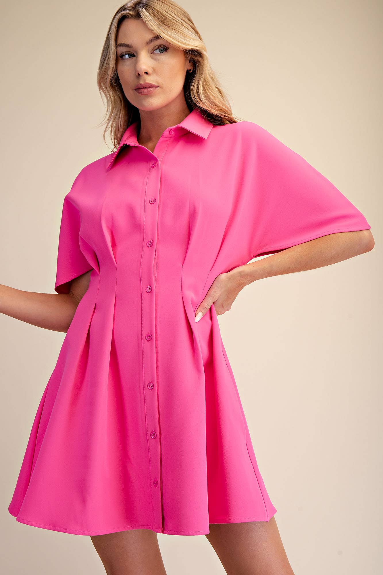 Glam - Wholesale Dress - Women's - Short-Sleeve Pleated Shirt Mini Dress0
