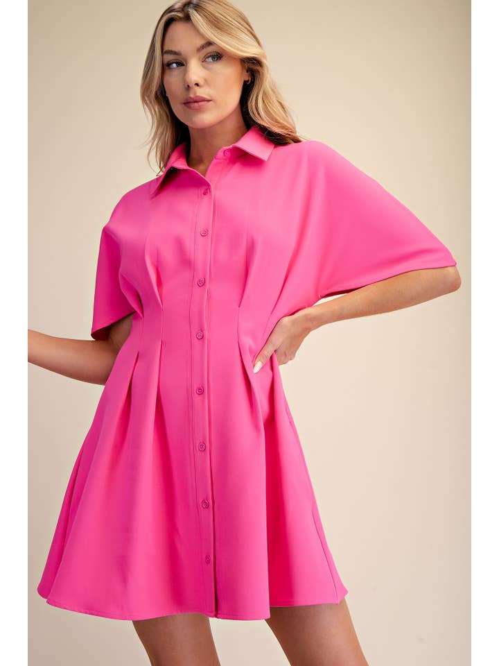 Glam - Wholesale Dress - Women's - Short-Sleeve Pleated Shirt Mini Dress