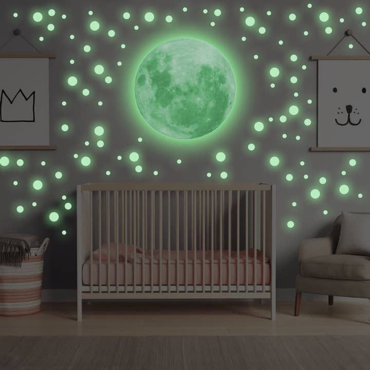 Glow In The Dark Full Moon And Star Wall Sticker - Bedroom Ceiling Decoration Large Glowing Decal for wholesale by Decords