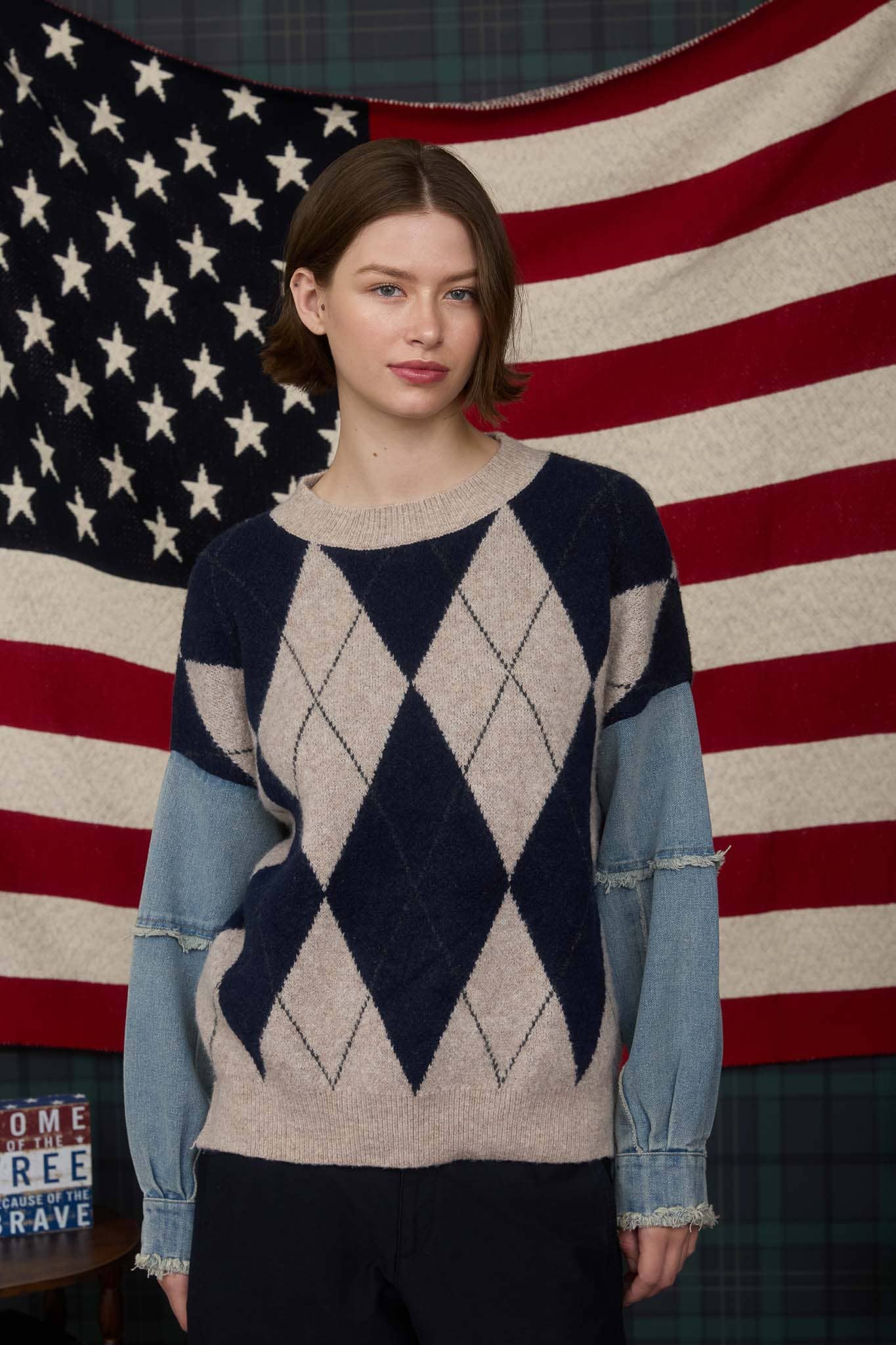 Blu Pepper – Engroshandel Pullover - Dame – ARGYLE STRIKTRØJE MED SLIDTE DENIMÆRMER9