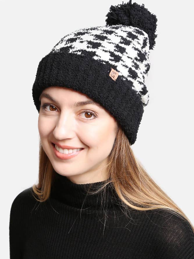 Houndstooth Pom Pom Beanie with Lining for wholesale by Hana