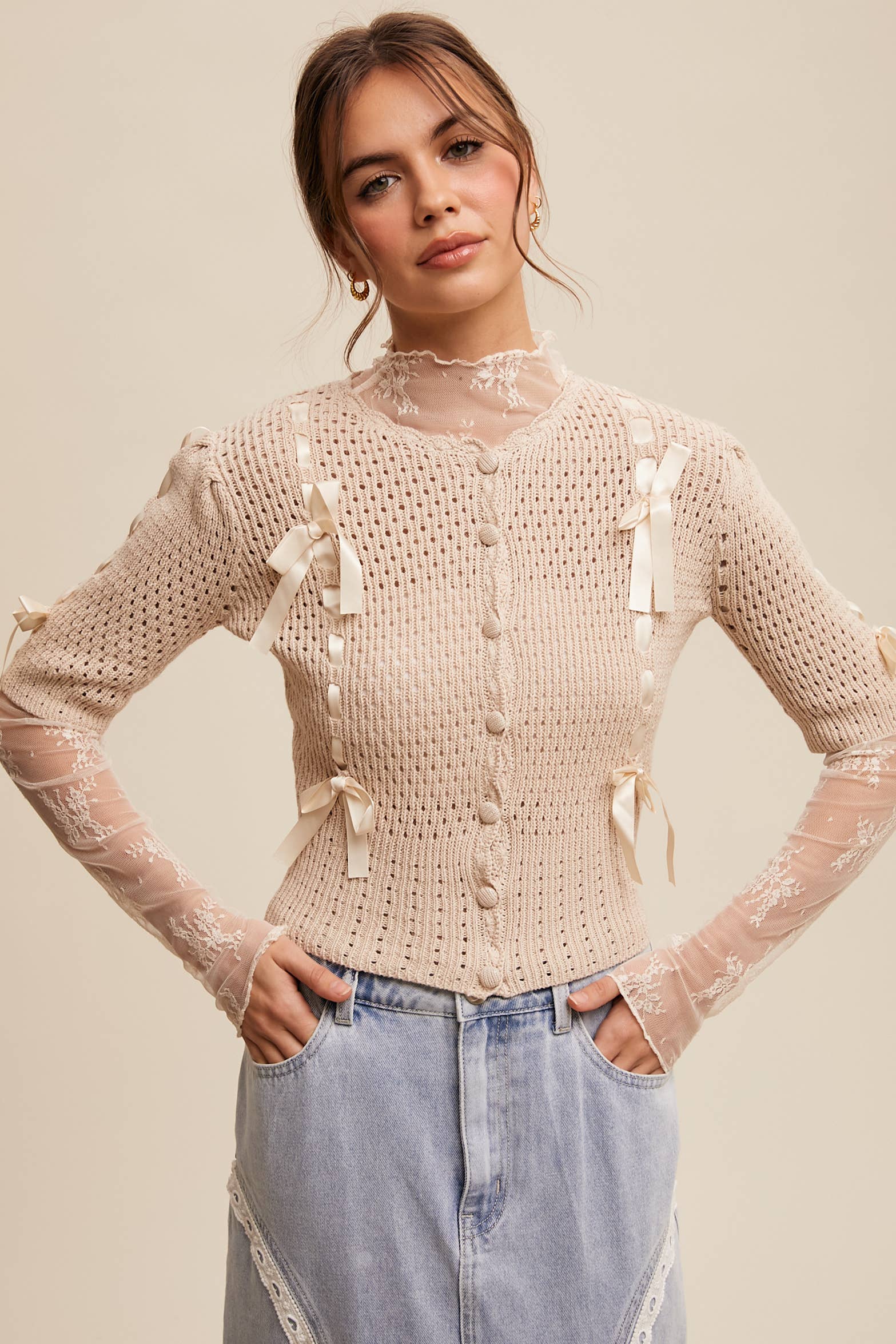 Listicle - Wholesale Cardigan - Women's - Pastel Knit Cardigan with Satin Bow Details3