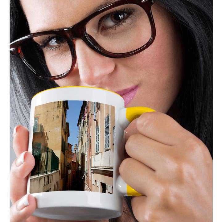 3dRose - Wholesale Coffee mug - 3dRose, Narrow street in Nice South France - yellow and orange houses with shuttered windows shutters photo, Mug1