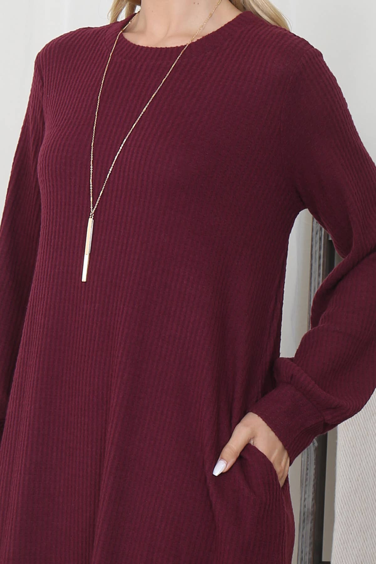 You & Me - Wholesale Dress - Women's - YMD10051V-BRUSHED WAFFLE BUBBLE SLEEVE POCKET DRESS45