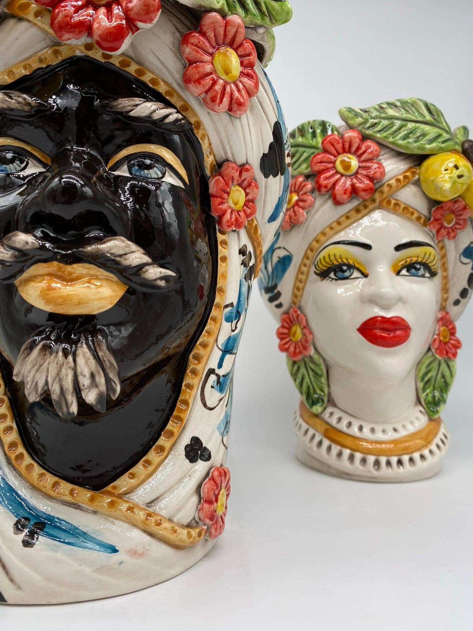 DD Ceramiche Siciliane - Wholesale Vase - Moorish Moor's Heads Caltagirone Ceramic cm H.28 L.19 Handmade Baroque Turban Flowers Lemons9