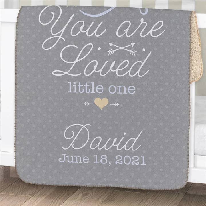 Personalized "You Are Loved Little One" Boy Sherpa Blanket – Blue Baby Gift for wholesale by Sunny Jar Personalized