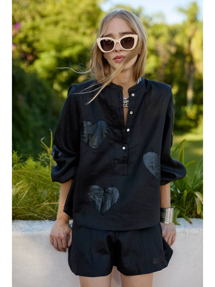Cupid Linen Shirt - Black with Metallic Black Hearts for wholesale on Faire5