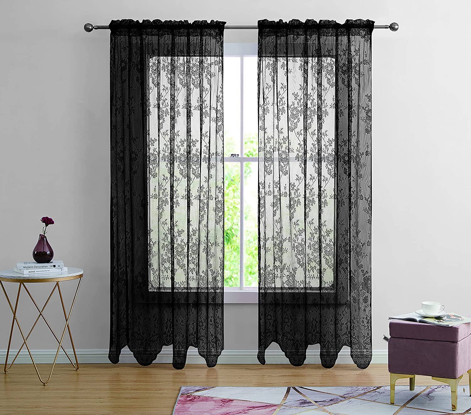 Jenin Home Furnishing Inc - Wholesale Curtain - 2pc Alison Sheer Flower Floral Lace Rod Pocket Curtain Panel3