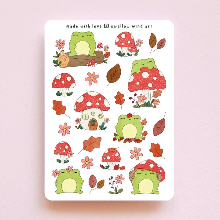 Sticker Sheet - Autumn Leaves and Froggy Sticker Sheet for wholesale by Swallow Wind Art