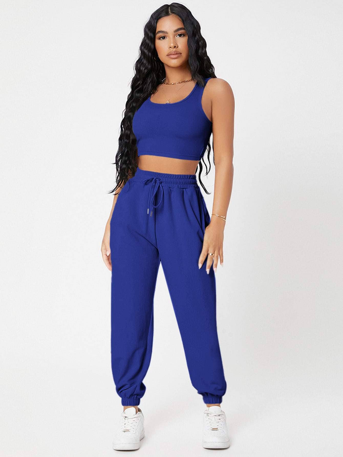 Fashion Combination - Wholesale Lounge set – Women's - petite solid crop tank top and joggers set14