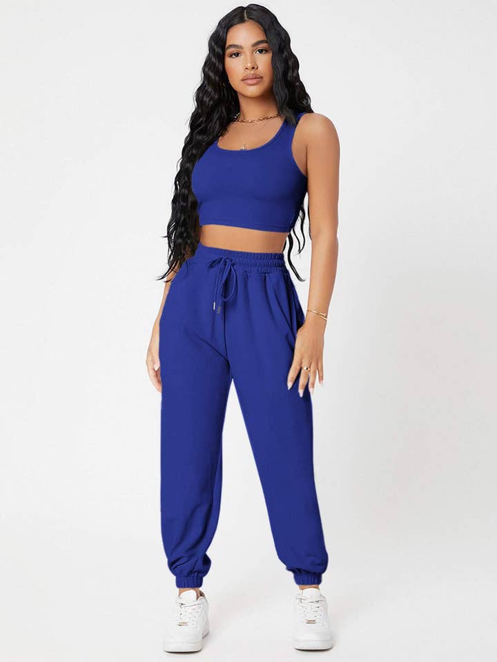 Fashion Combination – wholesale Lounge set – Women's – petite solid crop tank top and joggers set14