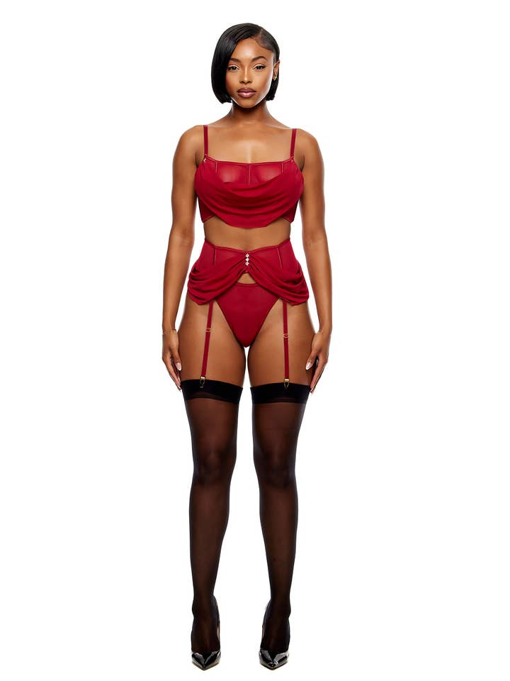 Princess Treatment Draped Mesh Bra and Garter Belt Lingerie Set - Wine for wholesale on Faire