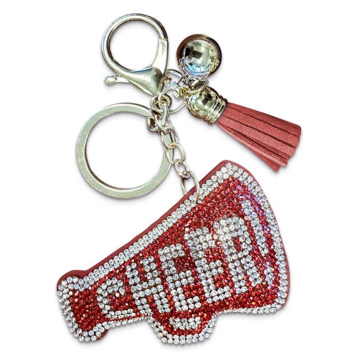 THE MARDI GRAS KREWE Sparkling Red and Silver Rhinestone Cheerleader Megaphone Keychain – Perfect Bag or Purse Charm Accessory for Cheer Enthusiasts and Team Spirit for wholesale by The Mardi Gras Krewe