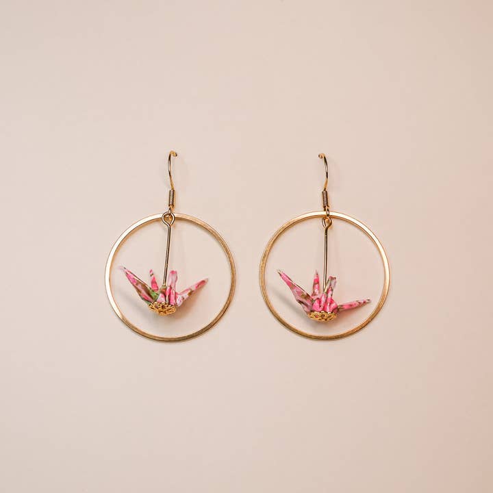 Kamyi.Art Origami Designs - Wholesale Dangle Earrings - Small Crane and Hoop Earrings in Gold7