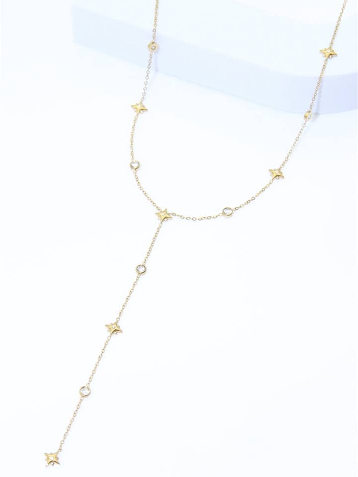 Collier Y étoiles et strass en acier inoxydable doré pour la vente par BELLISSIMA BIJOUX