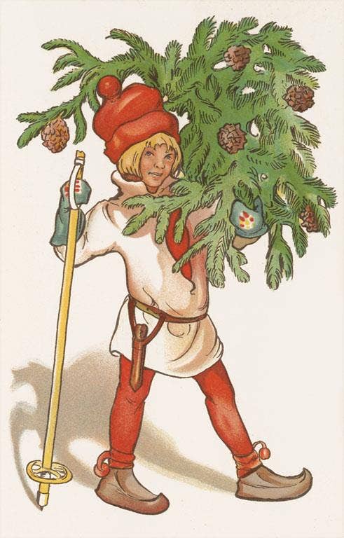 Found Image Press – Großhandel Kunstdruck – Kunstdruck MC-831 Weihnachtself mit Skistock und Kiefernzweig